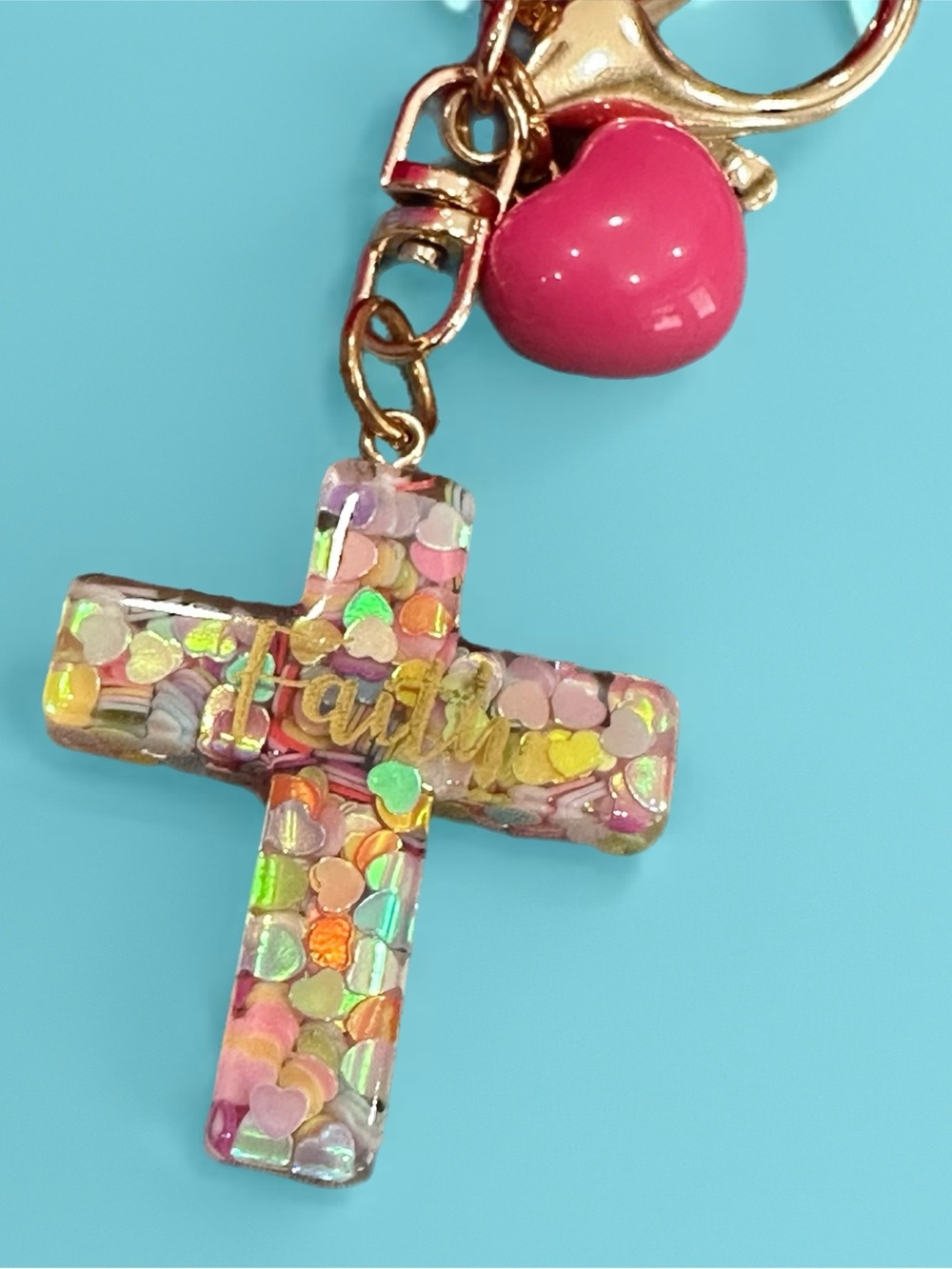 Pink Pom-Pom Cross Keychain Charm - Picture 2 of 2